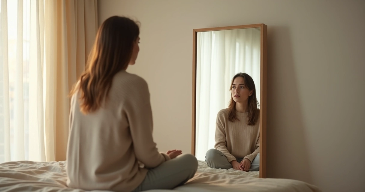 Mujer pensativa frente al espejo con reflejo fragmentado 