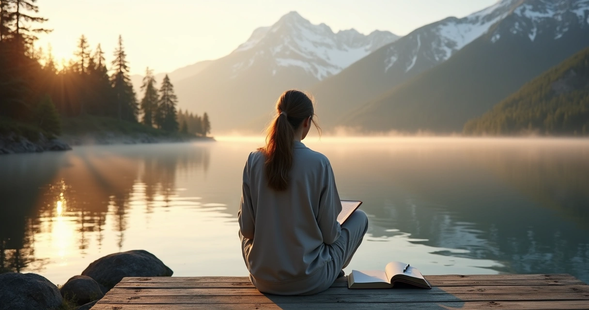 Persona sentada frente a paisaje de montañas reflexionando en silencio 