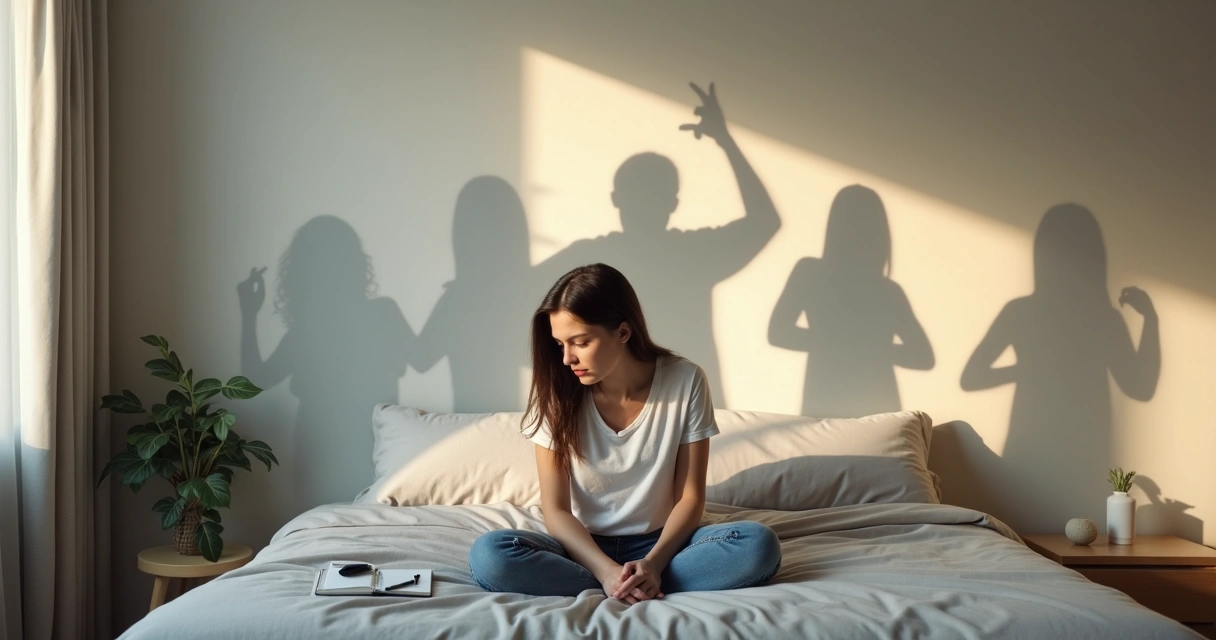 Mujer pensativa con varias sombras que representan autoboicot 