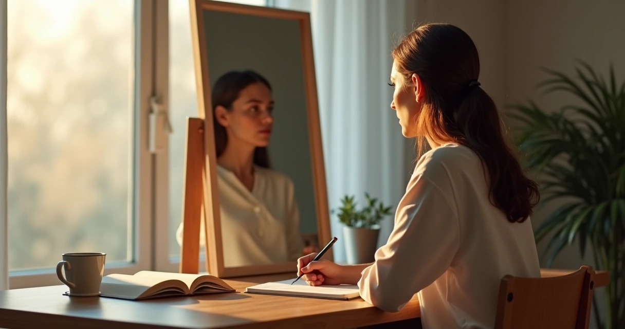 Mujer mirando su reflejo fragmentado mientras reescribe su narrativa interna 
