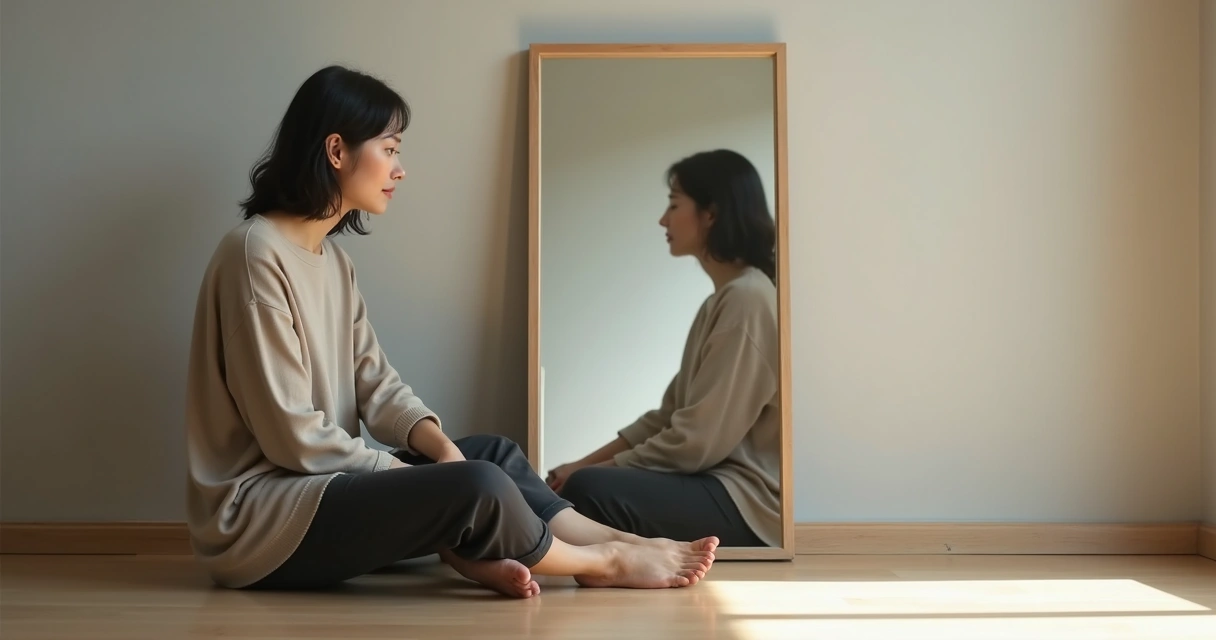 Mujer sentada reflexionando frente a un espejo con su silueta fragmentada 