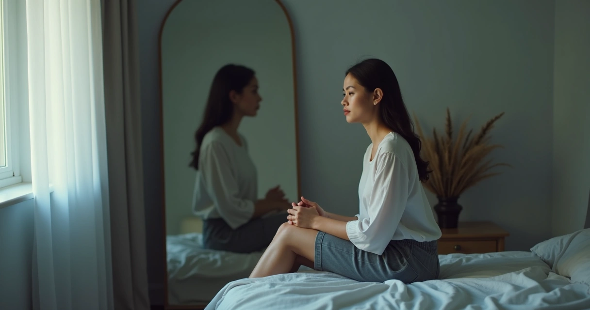 Mujer reflexionando frente al espejo con siluetas repetidas en un fondo oscuro 