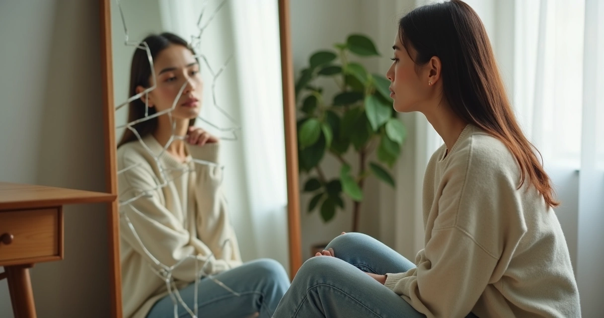 Mujer pensativa frente a su reflejo fragmentado en un espejo 