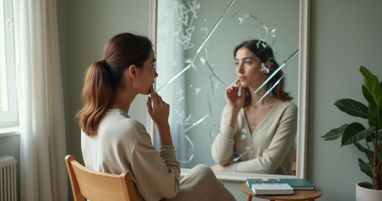 Mujer observando su reflejo fragmentado mientras analiza sus patrones mentales limitantes 