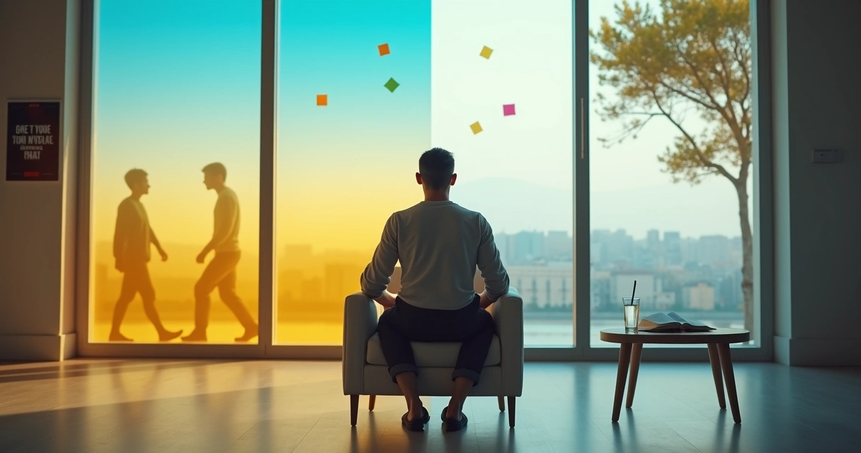 Persona sentada frente a ventana dividida entre luz positiva y sombra reflexiva 