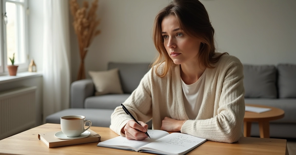 Mujer escribiendo preguntas de autoconciencia en un cuaderno 
