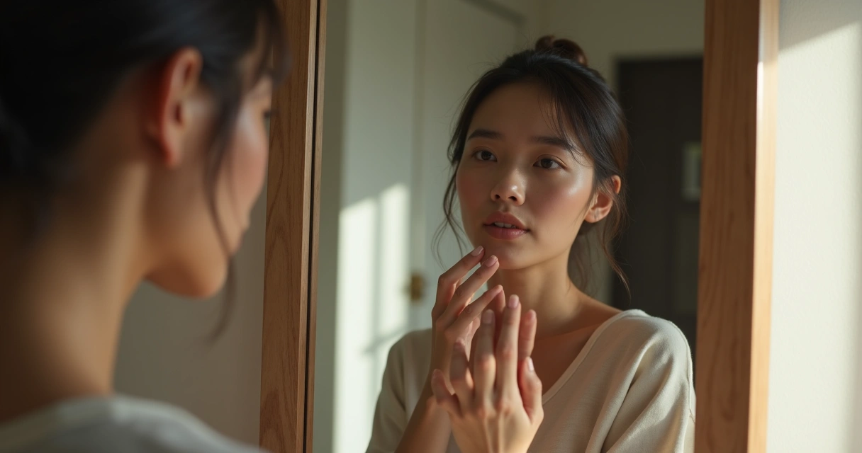 Mujer mirando su reflejo en el espejo con gesto reflexivo 