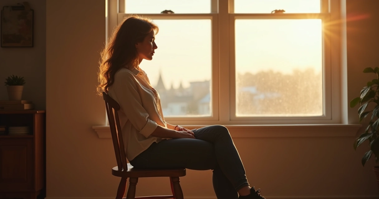 Mujer sentada en silla, reflexionando, con luz suave al atardecer 