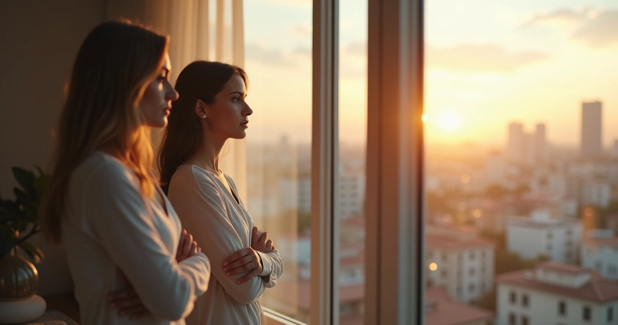 Mujer observando su reflejo en un vidrio con expresiones de duda y claridad 