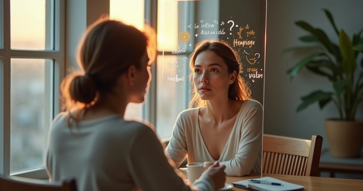 Mujer pensativa frente a un espejo con símbolos de creencias y mente subconsciente 
