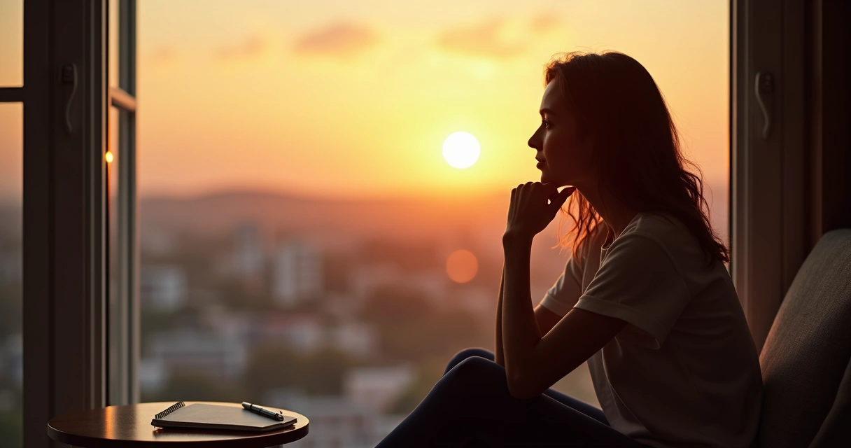 Mujer pensativa sentada frente a la ventana, luz suave entrando al atardecer 