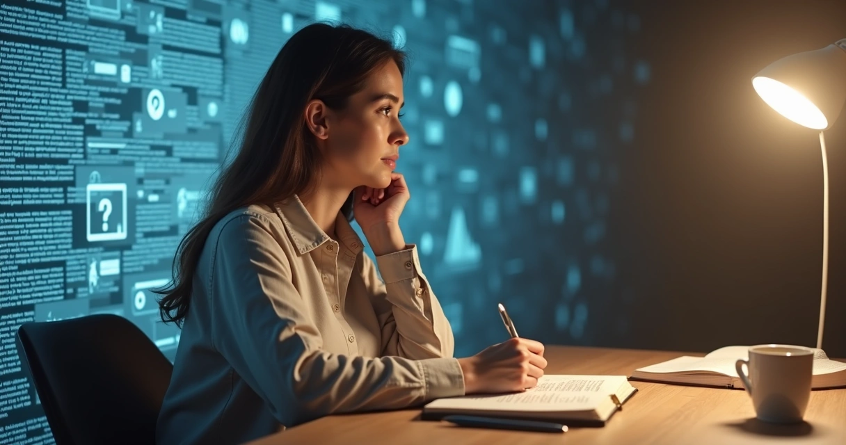 Mujer reflexionando frente a una pared con símbolos de información y ruido digital 