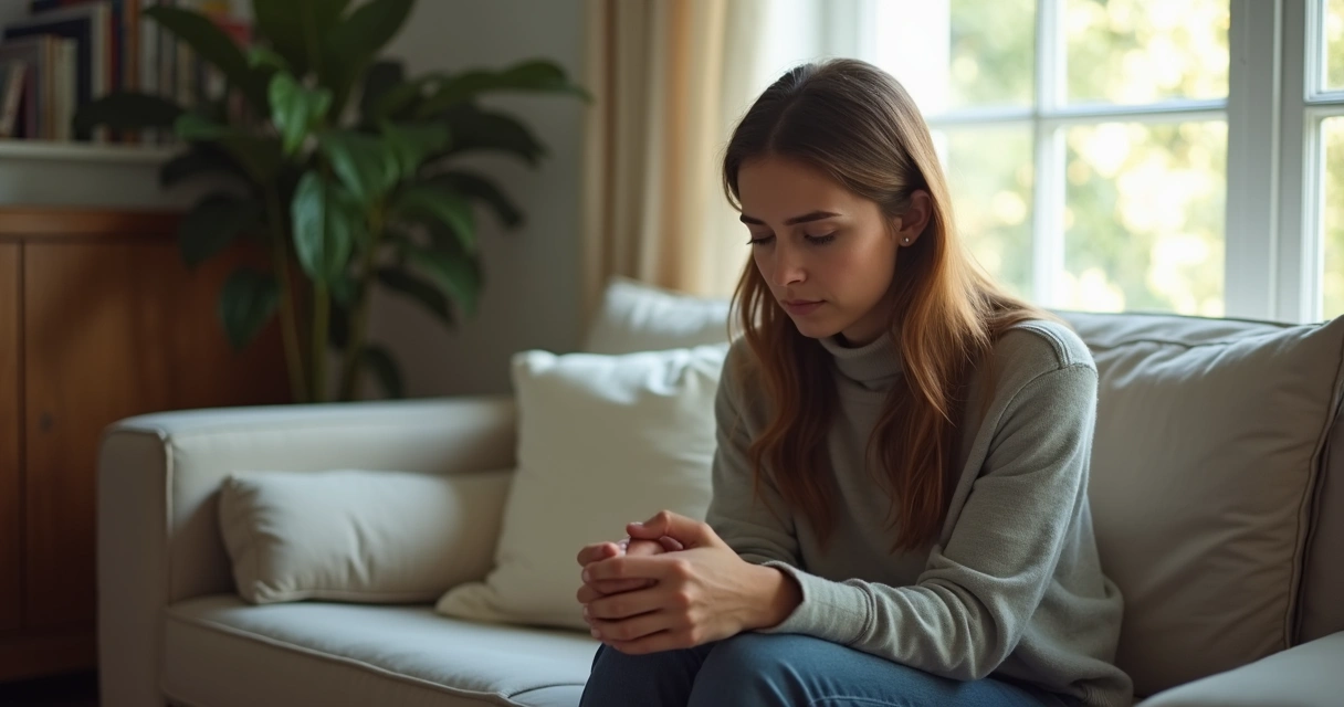 Mujer sentada en un sofá, con expresión pensativa y luz natural 