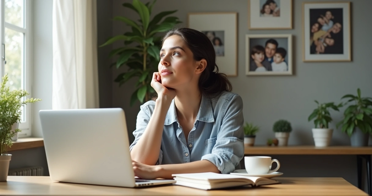 Mujer sentada reflexionando en su escritorio