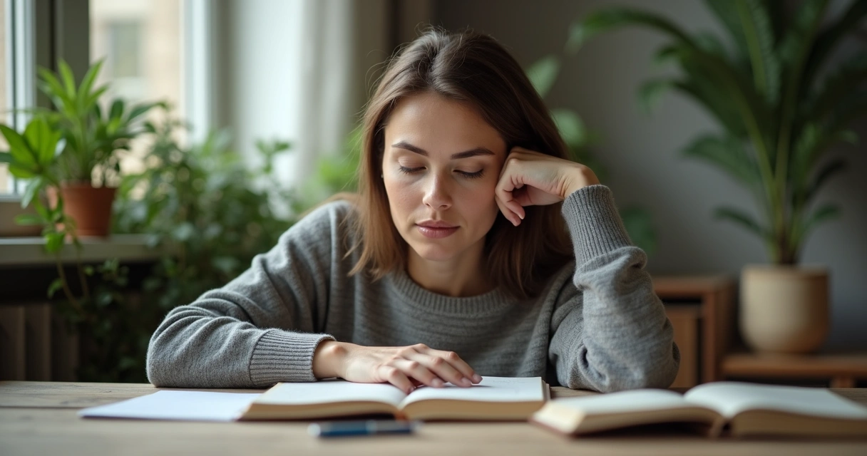 Mujer sentada en escritorio con gesto reflexivo, cuaderno y plantas al fondo