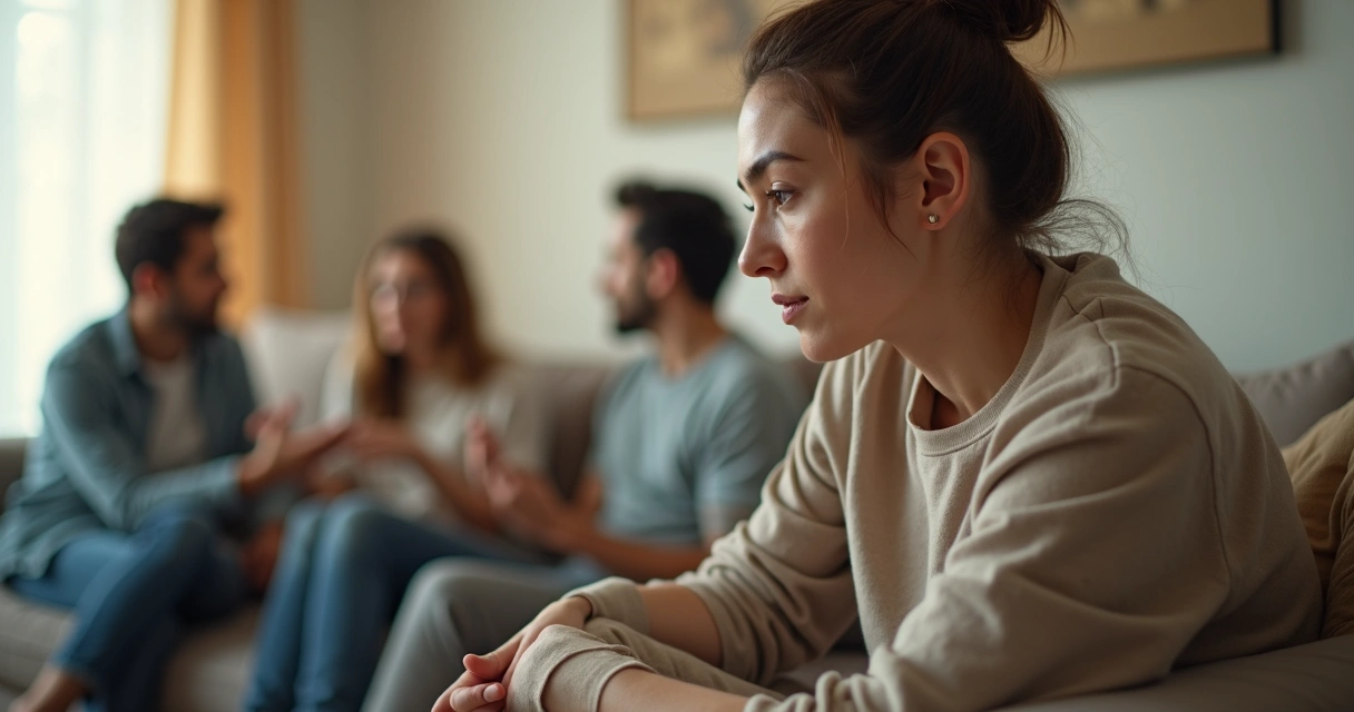 Mujer adulta pensativa sentada frente a su familia desenfocada al fondo 