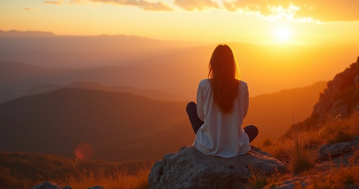 Mujer sentada en una montaña al atardecer mirando el horizonte 