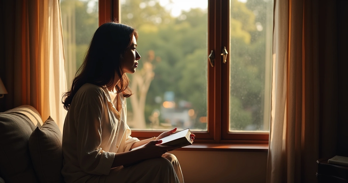 Mujer sentada junto a la ventana reflexionando con luz cálida 