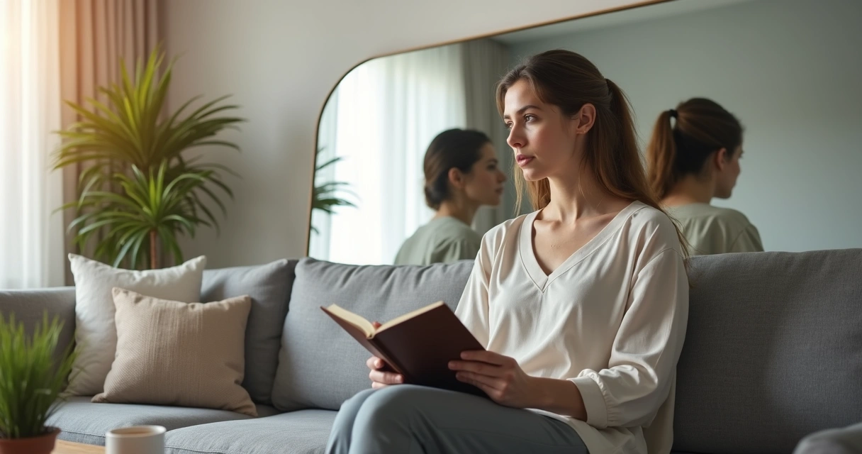 Mujer observando su reflejo fragmentado con patrones emocionales repetitivos 