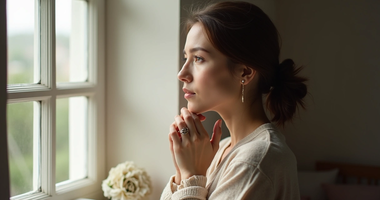 Mujer reflexionando junto a una ventana. 