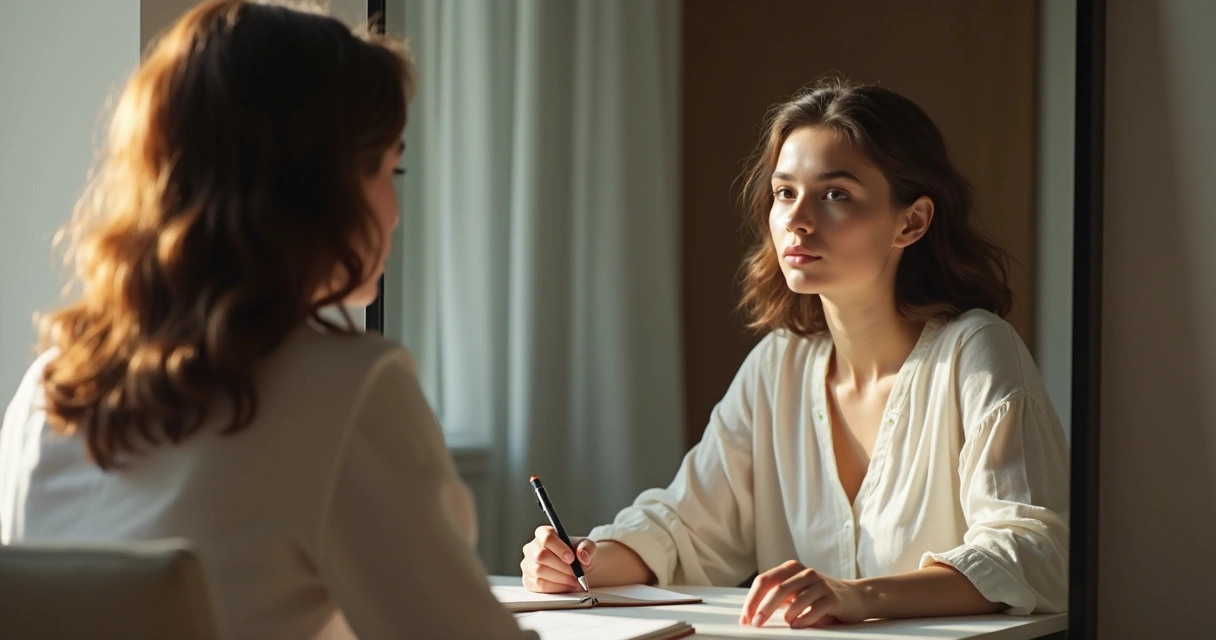 Mujer sentada frente a un espejo, con expresión reflexiva y cuaderno de notas 