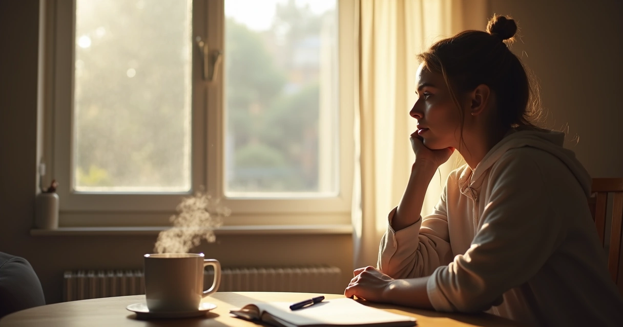 Mujer mirando por la ventana, reflexionando en silencio sobre una decisión personal 