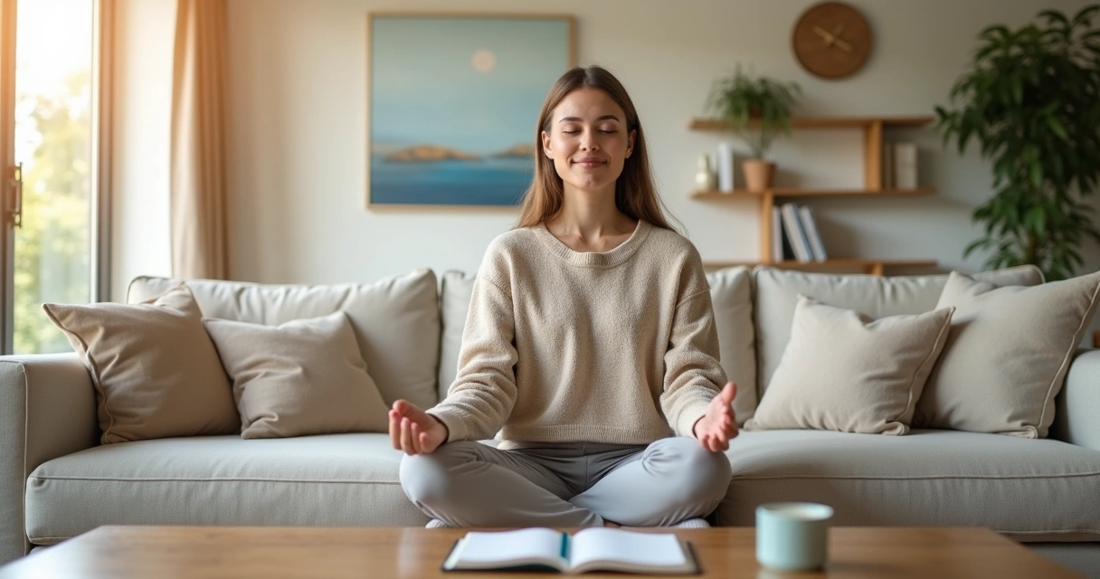Mujer sentada en casa practicando respiración para regular sus emociones 