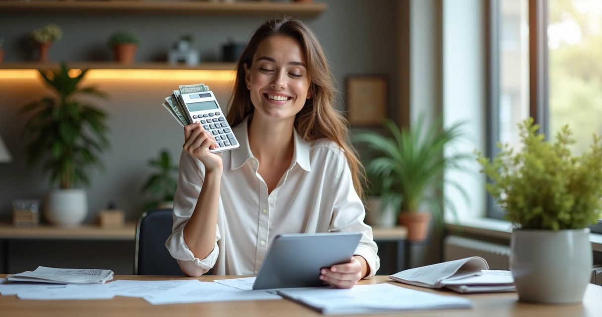Mujer tranquila sosteniendo una calculadora y billetes sentada en una mesa de trabajo 
