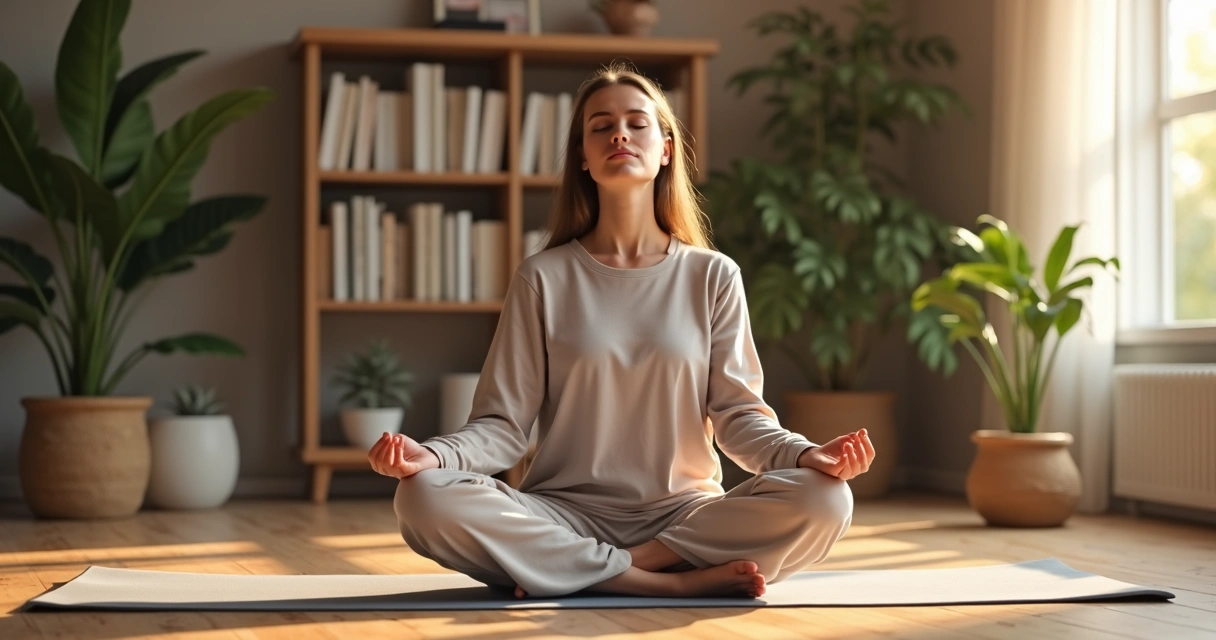 Mujer sentada practicando respiración consciente y atención plena. 