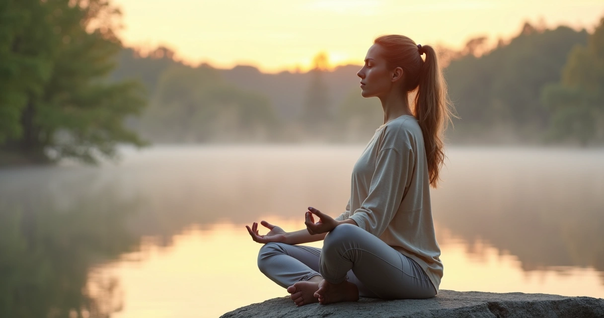Mujer sentada meditando y practicando respiración consciente en la naturaleza 