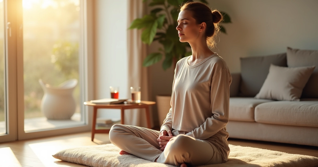 Mujer sentada practicando respiración profunda para calmar emociones intensas 
