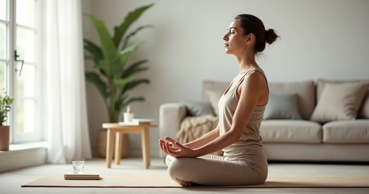 Mujer sentada respirando con ojos cerrados percibiendo su cuerpo 