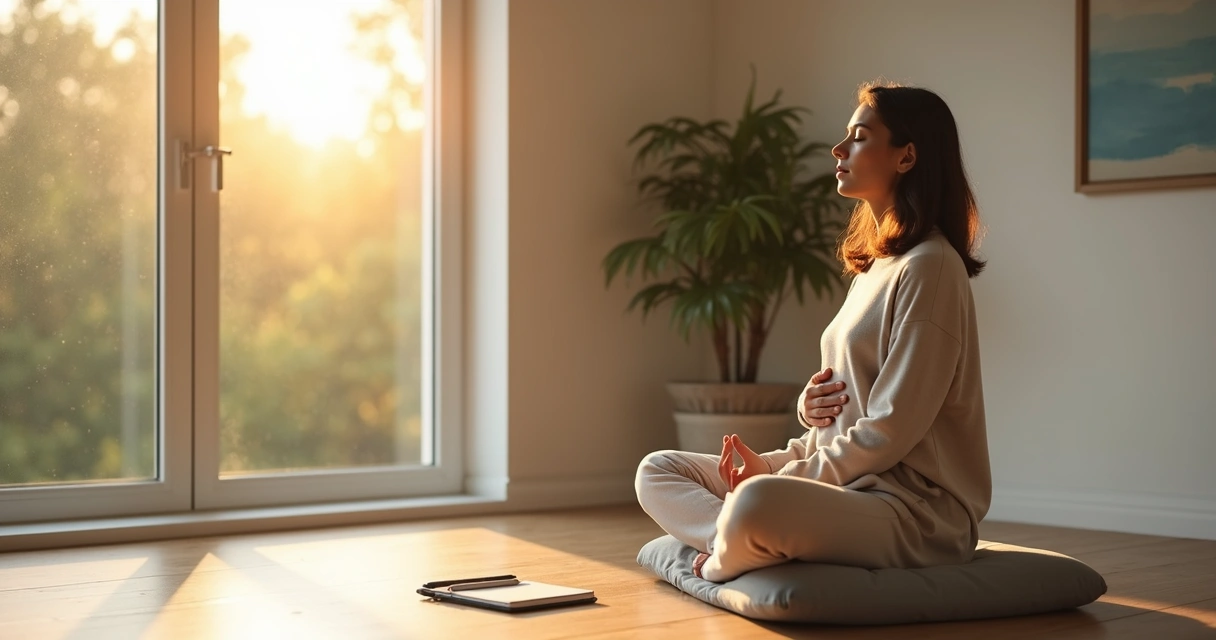 Persona sentada en calma junto a la ventana practicando respiración consciente 