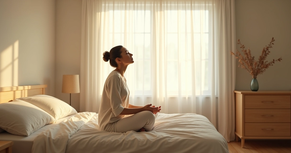 Mujer sentada respirando profundamente al despertar 