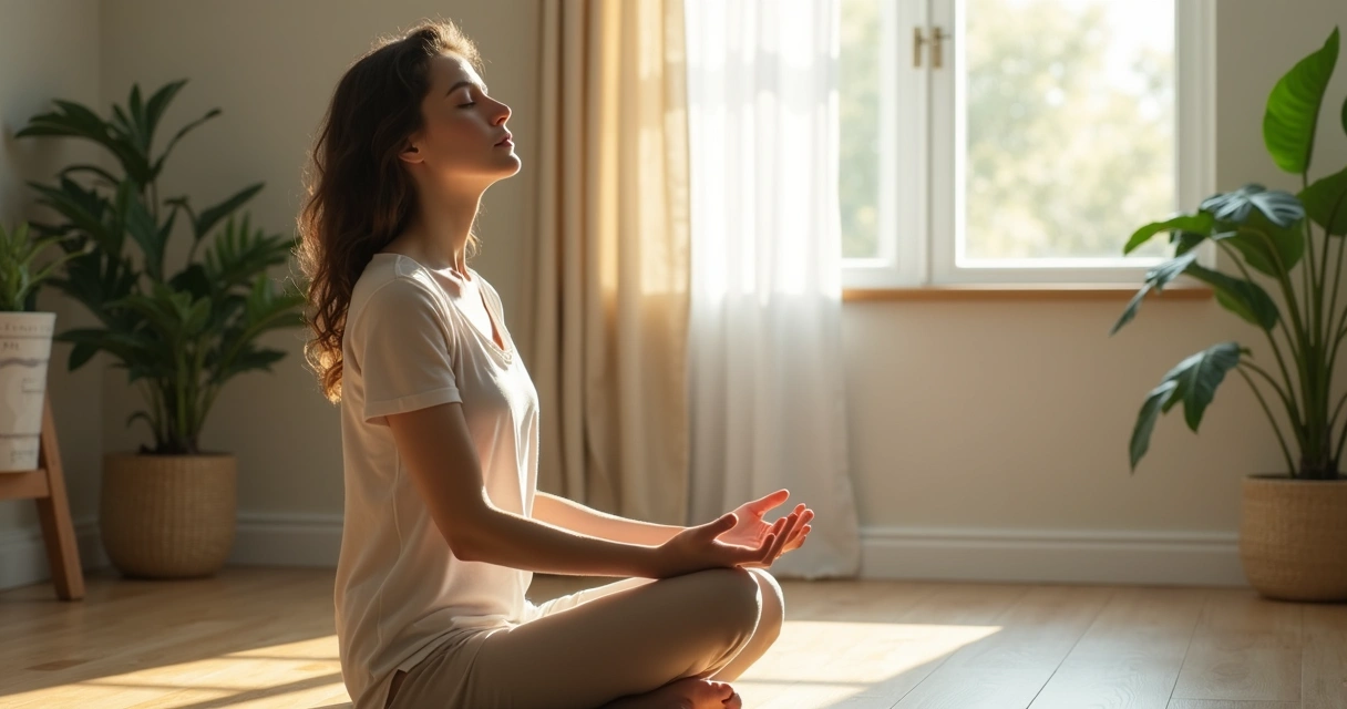 Mujer respirando profundamente con los ojos cerrados sentada en una habitación tranquila 