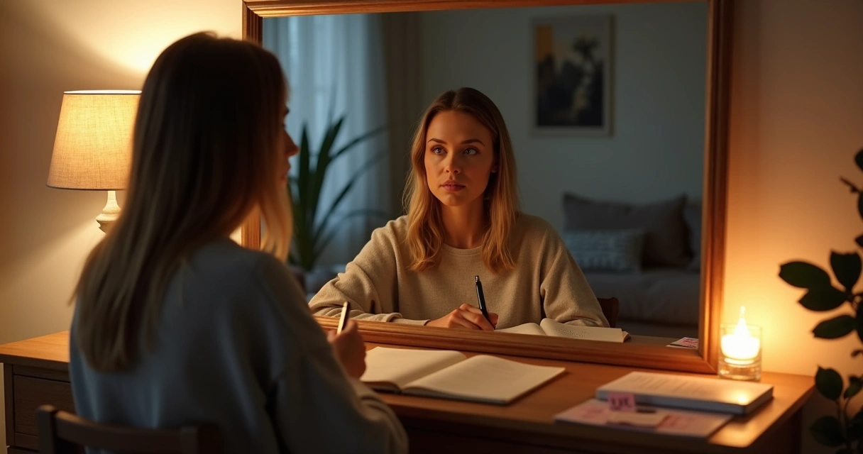 Mujer escribiendo en un cuaderno reflejada en un espejo junto a una versión desenfocada de sí misma 