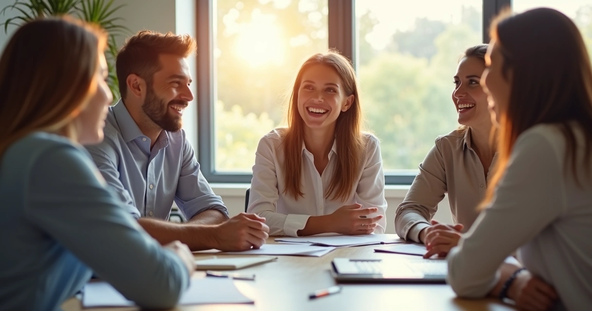 Mujer sonriente en una reunión laboral rodeada de colegas felices 