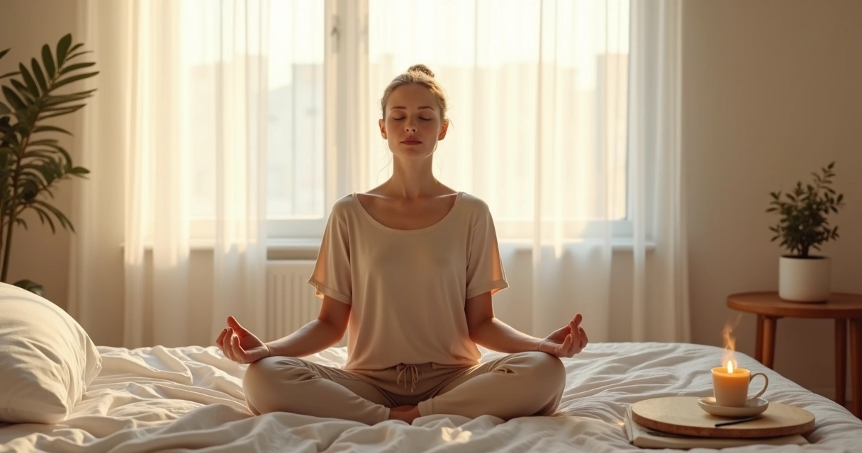 Mujer sentada en cama al amanecer practicando un ritual matutino consciente 
