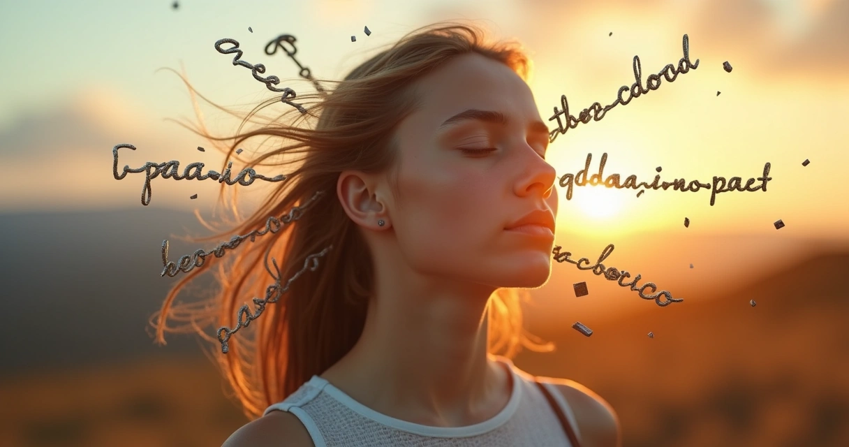 Mujer con ojos cerrados rompiendo cadenas mentales en un paisaje luminoso 