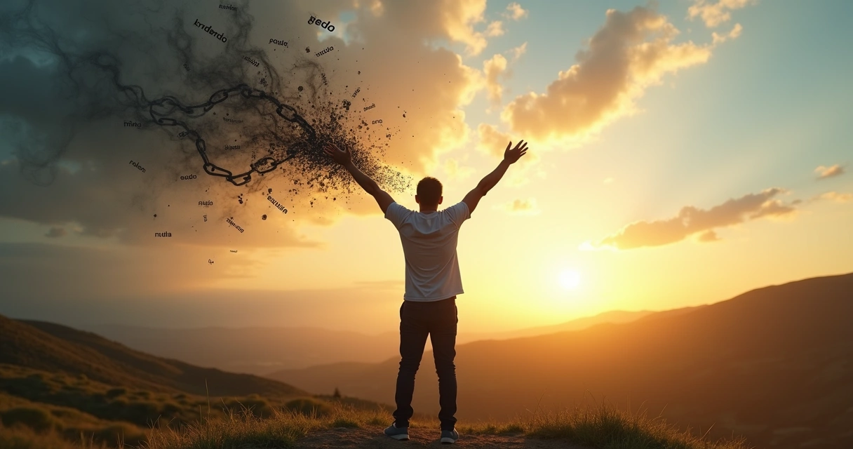Persona rompiendo cadenas mentales frente a un camino abierto y luminoso 
