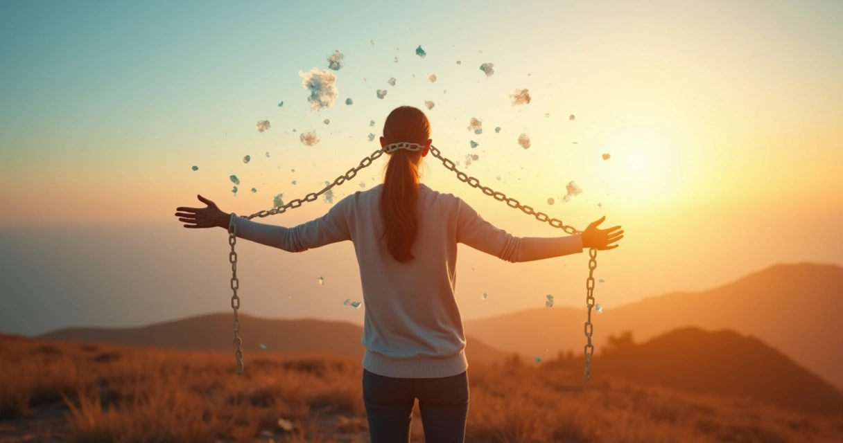 Mujer de espaldas rompiendo cadenas mentales frente a un horizonte luminoso 