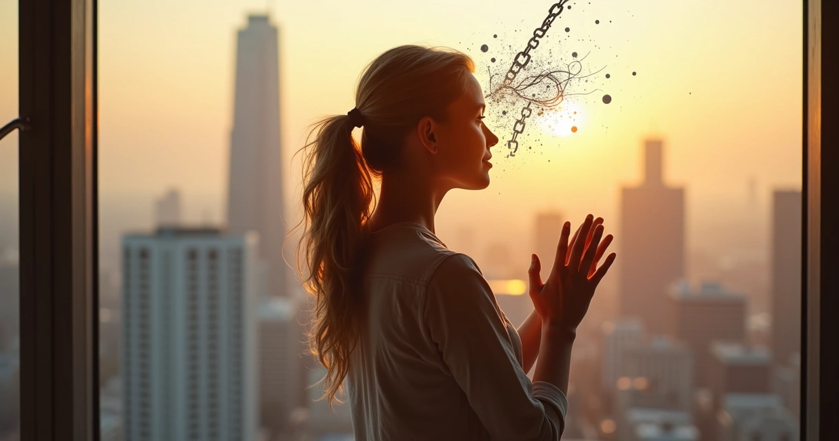 Mujer adulta mirando una ciudad mientras rompe cadenas mentales dibujadas alrededor de su cabeza 