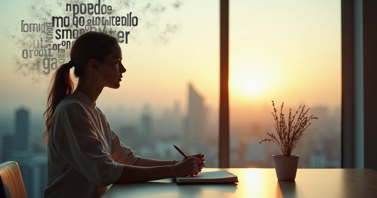 Mujer pensativa rompiendo cadenas mentales invisibles frente a un paisaje urbano 