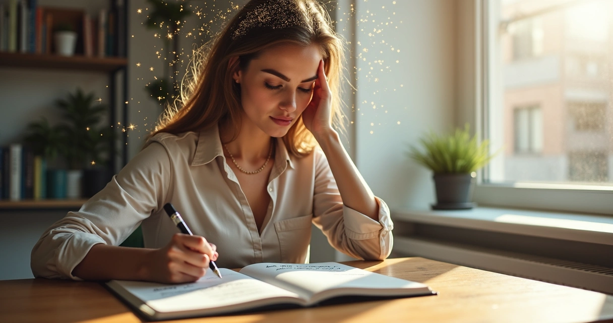 Mujer reflexionando y rompiendo creencias limitantes con cadenas que se deshacen 