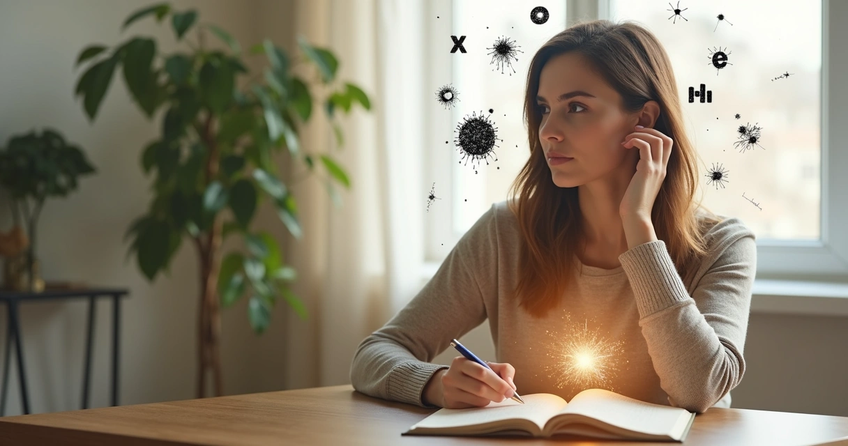 Mujer sentada con siluetas de pensamientos limitantes rompiéndose alrededor de su cabeza 