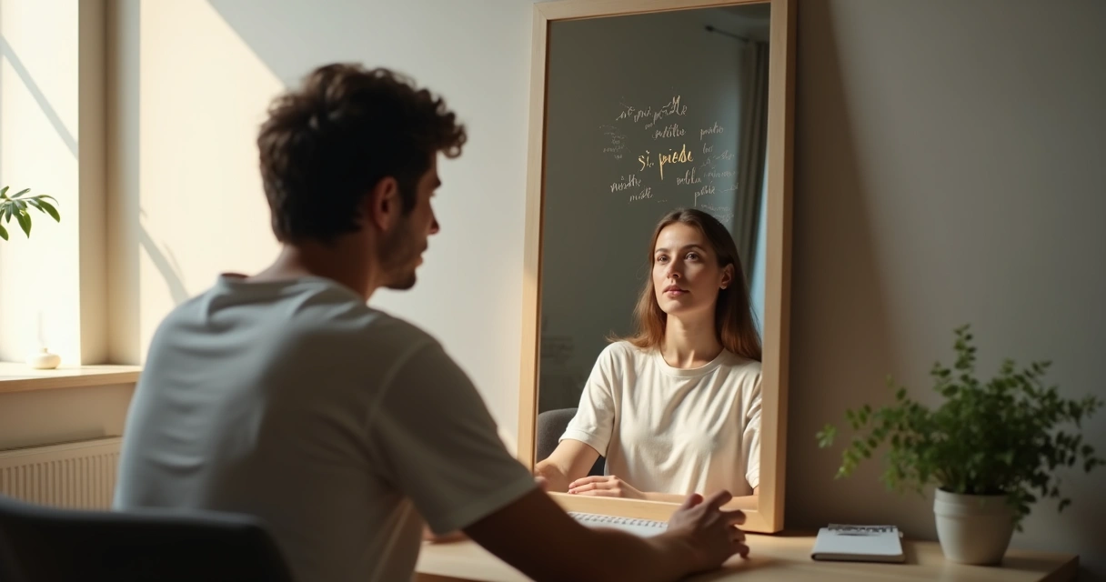 Persona mirando su reflejo en un espejo roto entre pensamientos negativos y positivos 