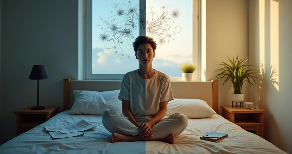 Persona sentada al borde de una cama con la mitad del entorno oscuro y caótico y la otra mitad luminosa y tranquila 