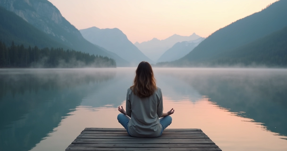 Persona sentada en calma mirando montañas al amanecer 