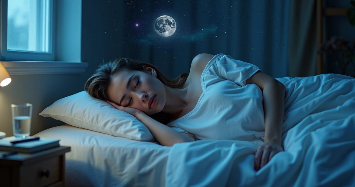 Mujer recostada soñando con patrones emocionales proyectados en el cielo nocturno 