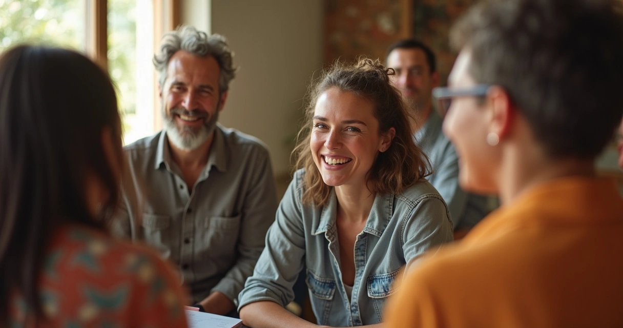 Mujer sonriente entre un grupo de personas en un ambiente comunitario 